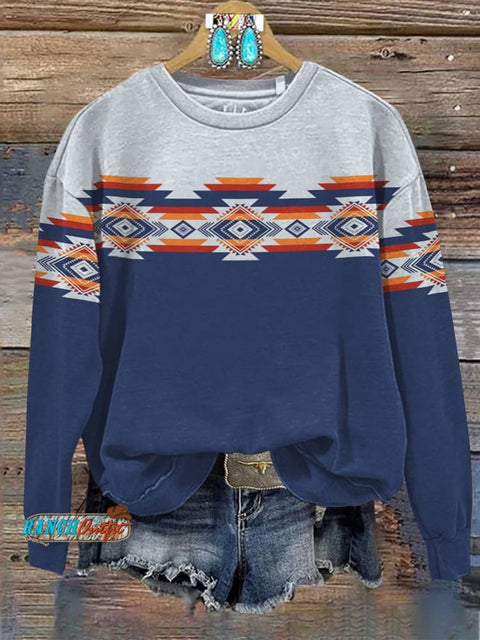 Blue and White Aztec Casual Cotton Sweatshirt