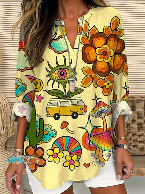 Women’s Hippie Floral Print Casual Long Sleeve V-Neck Shirt As Shown / S