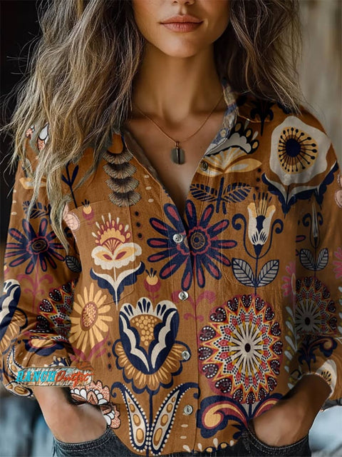 Women's Floral Print Casual Long Sleeve Comfortable Cotton Shirt