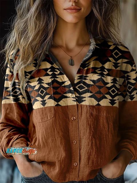 Women's Brown Aztac Print Casual Long Sleeve Comfortable Cotton Shirt