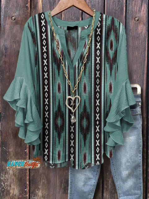Women's Turquoise Print Casual Cotton And Linen Shirt