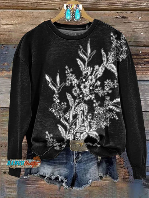 Black Flat Deco Style Flowers Casual Cotton Sweatshirt