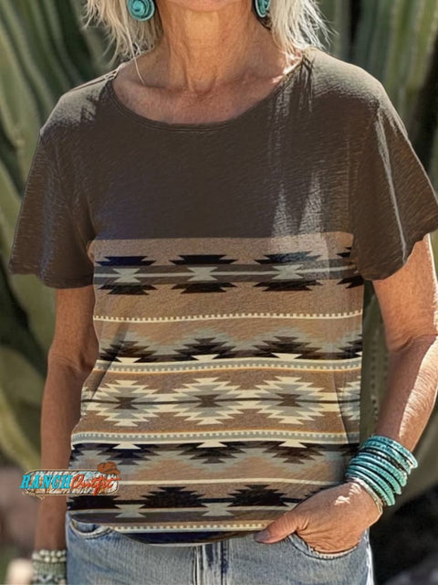Brown Geometric Ethnic Print 100%Cotton Crew Tee T-Shirt