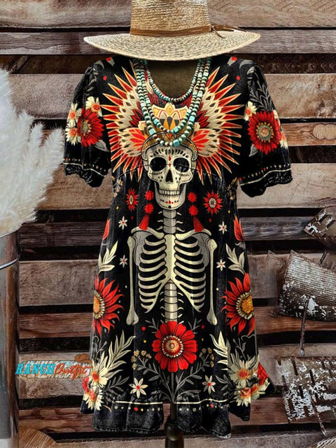 Black Women's Aztec Skeletons Print Pocket Cotton Dress