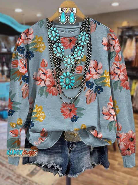 Grayish Blue Floral Casual Cotton Sweatshirt