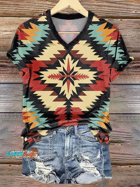 Women's Geometric Ethnic V-neck Casual T-Shirt