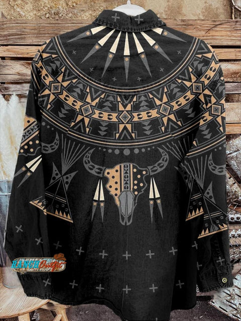 Buffalo Skull and Feathers Graphic Print Casual Shirt