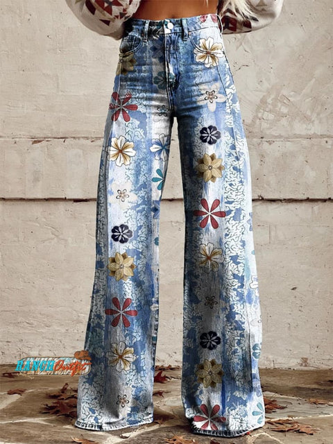 Women's Washed Striped Floral Print Casual Wide Leg Pants