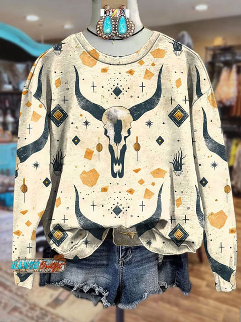 Beige Simple Western Bull Skull Print Crew Neck Sweatshirt