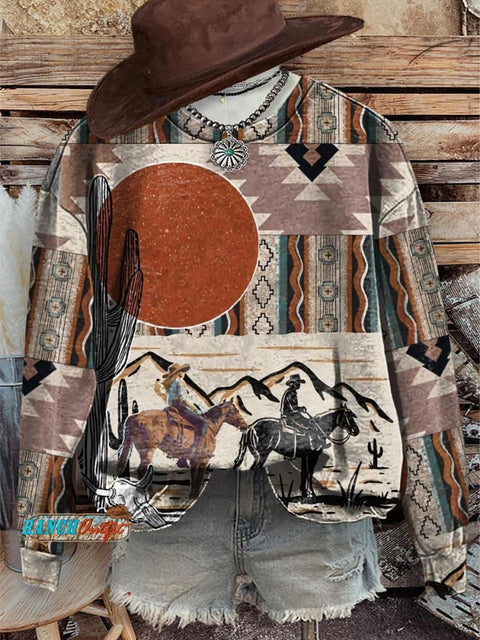 Western Denim Sunset Print Crew Neck Sweatshirt