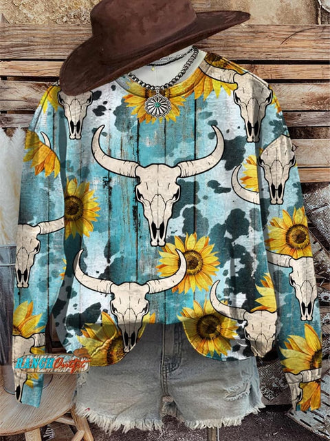 Longhorn Skull Sunflower Print Crew Neck Sweatshirt