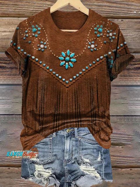 Retro Nostalgic Turquoise Flower Printed Crew Neck T-Shirt