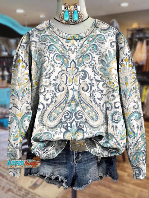 Beige Bohemian Print Casual Crewneck Sweatshirt