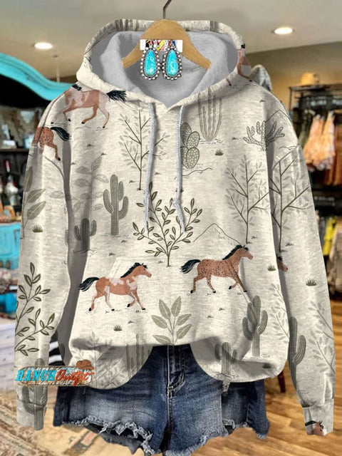 Beige Wild West Horse Print Hooded Casual Sweatshirt