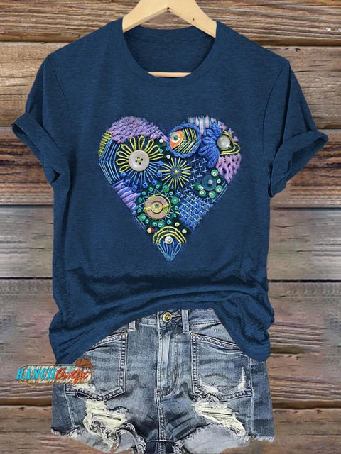 Blue Knitted Art Love Print Casual T-Shirt