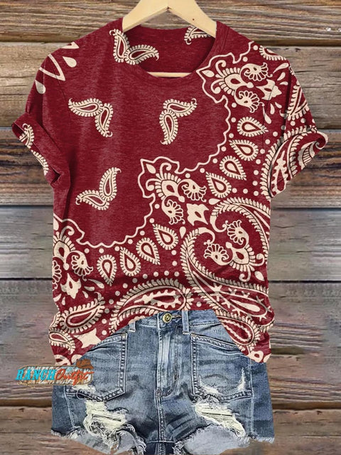 Burgundy Bohemian Print Casual T-Shirt