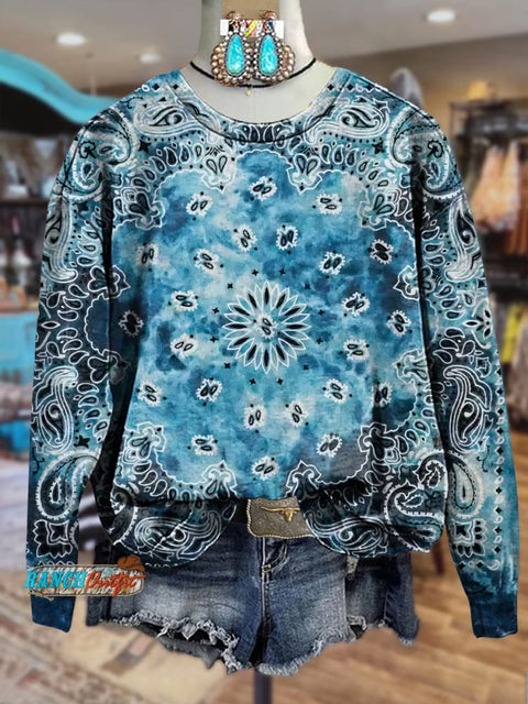 Blue Retro Tie Dye Bohemian Printed Crew Neck Casual Sweatshirt