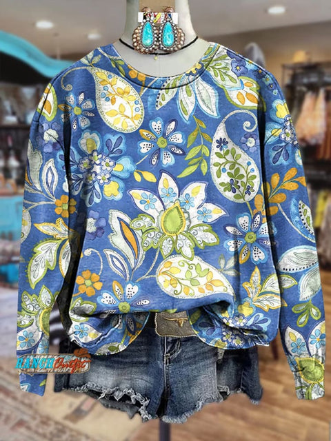 Blue Floral Bohemian Print Crew Neck Casual Sweatshirt