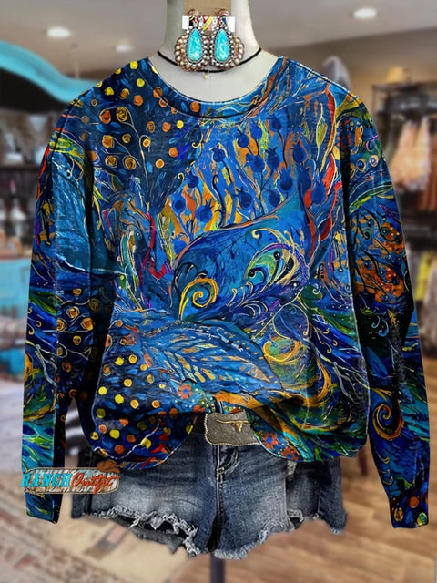 Blue Bohemian Oil Painting Printed Crew Neck Casual Sweatshirt