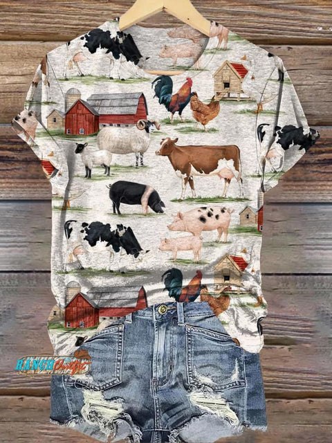 Beige Fun Ranch Animals Print Casual T-shirt