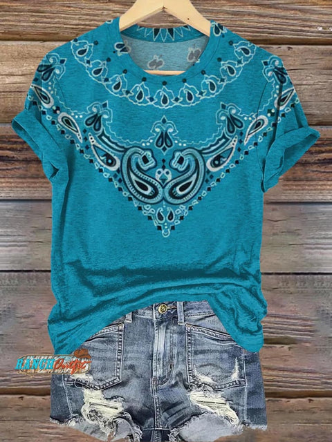 Blue Bohemian Print Casual T-Shirt