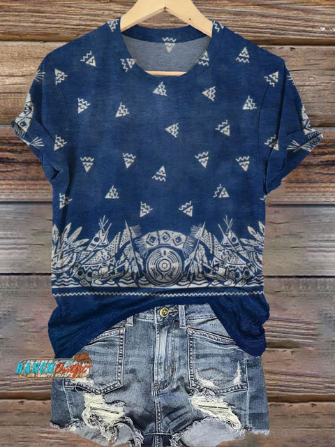 Blue Polka Dot Bohemian Tribal Print Casual T-shirt