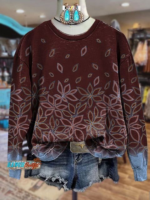 Brown Floral Embroidery Print Crewneck Sweatshirt