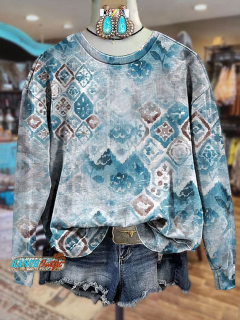 Blue Textured Gradient Diamond Print Crewneck Sweatshirt