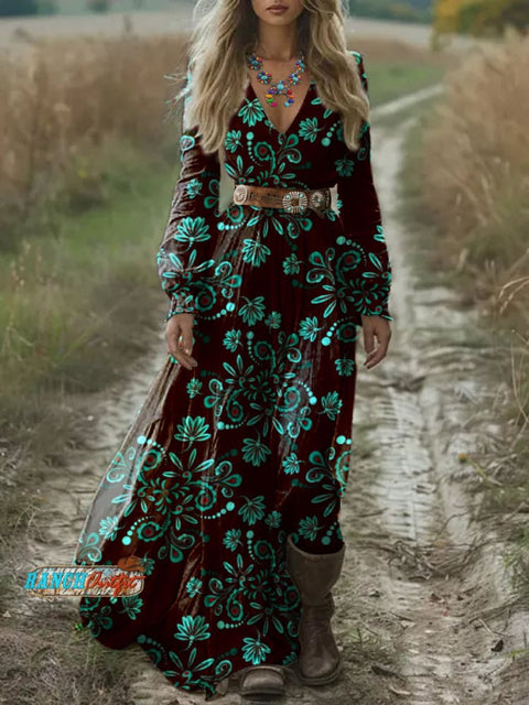 Women's Turquoise Floral Print Casual Maxi Dress