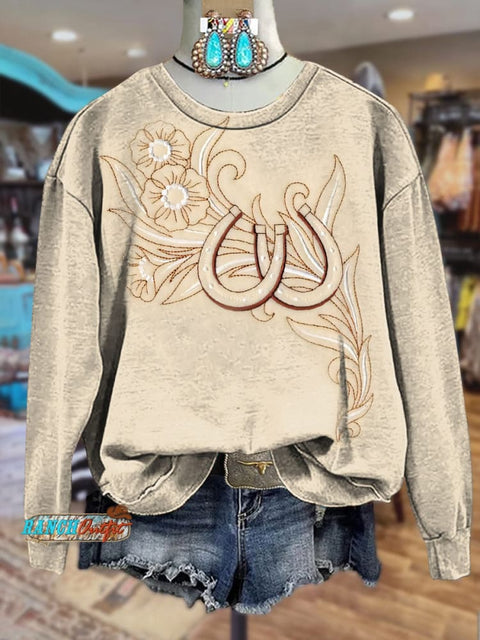 Beige Simple Floral Horseshoe Print Sweatshirt