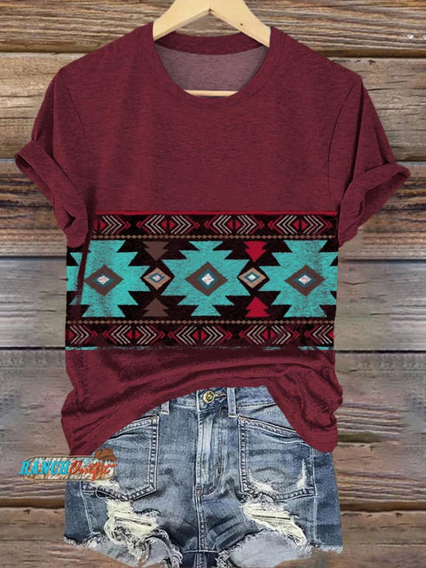 Burgundy Ethnic Striped Printed Comfort T-Shirt