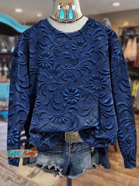 Blue Floral Textured Print Crew Neck Casual Sweatshirt