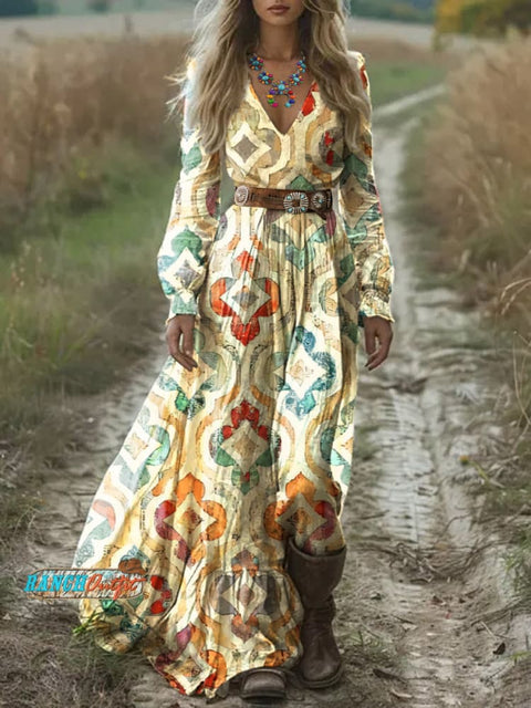 Women's Beige Ethnic Pattern Printed V-Neck Maxi Dress