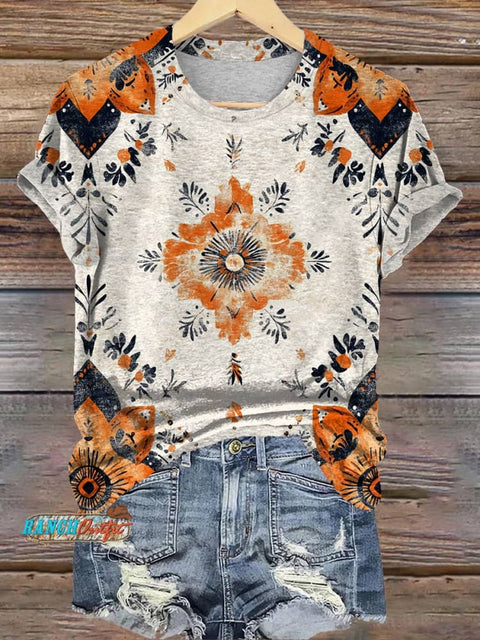 Ethnic Geometric Pattern Texture Printed Casual T-Shirt