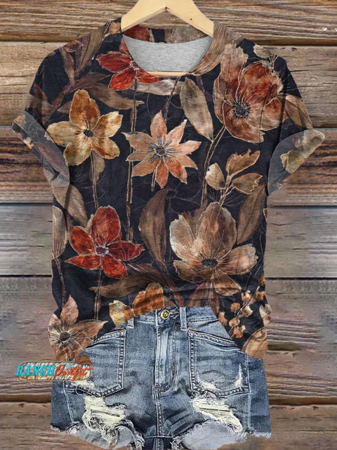 Brown Classic Floral Printed Casual T-shirt