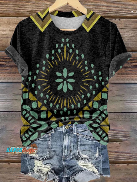 Black Simple Ethnic Style Printed Casual T-shirt