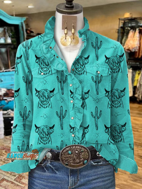 Women's Wild Bull Cactus Print Ruffle Shirt