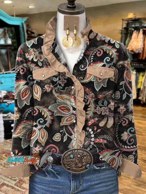 Womens Classic Boho Floral Printed Ruffle Casual Shirt