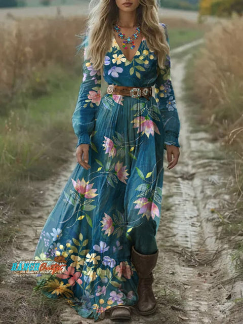 Women's Blue Elegant Floral Print Maxi Dress