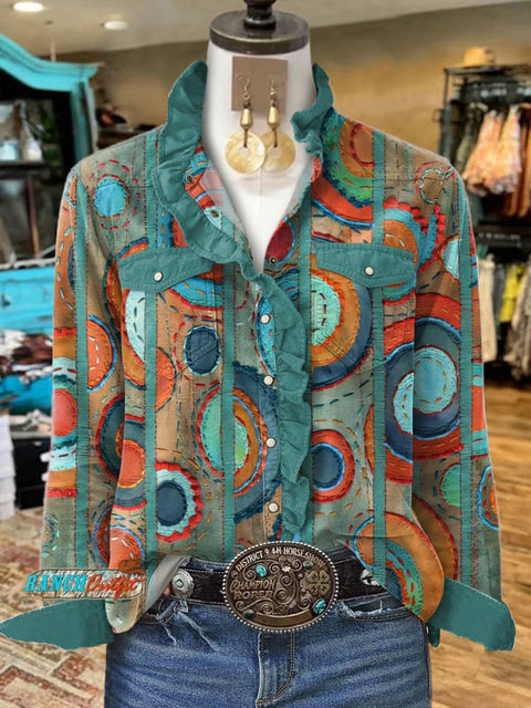 Women's Turquoise Sunwheel Print Ruffle Shirt