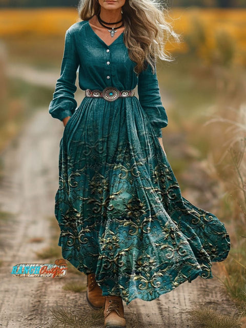 Women's Green Gradient Print V-Neck Button-Up Dress