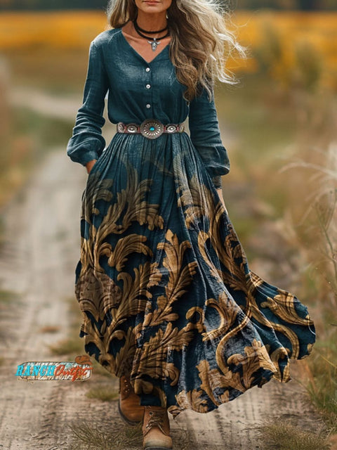 Women's Classic Pattern Gradient Printed V-Neck Buttoned Dress