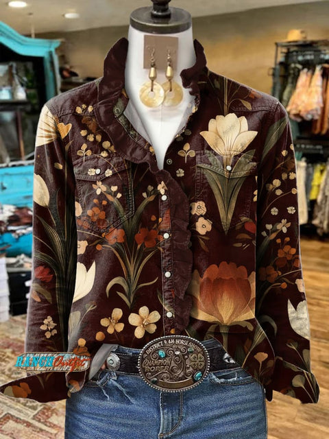 Women's Brown Floral Print Ruffle Shirt