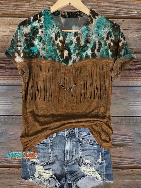 Denim Textured Tassels Graphic Print T-Shirt