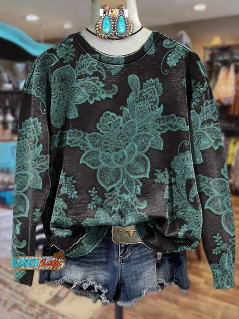 Turquoise Floral Lace Print Crewneck Sweatshirt