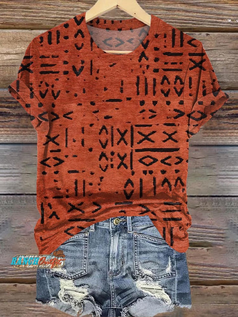 Orange Retro Lines Printed Casual T-shirt