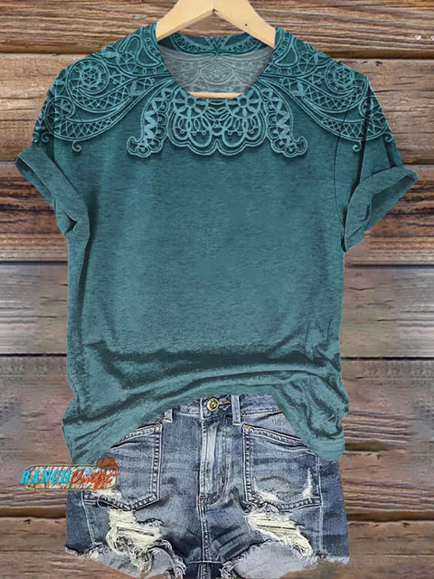 Blue Pattern Print Casual T-Shirt