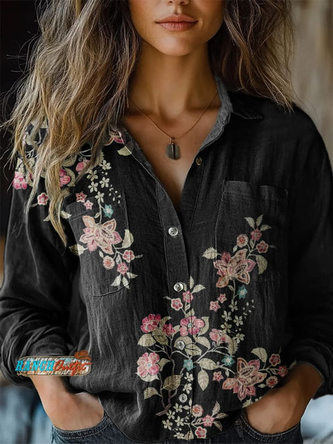 Women's Black Simple Floral Print Casual Shirt