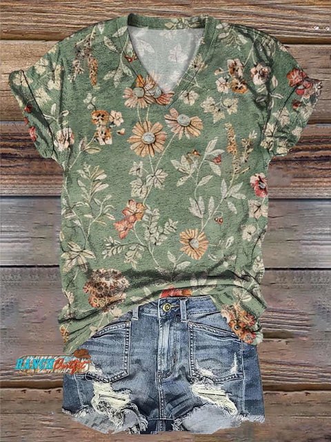 Retro Floral Art Print Casual V-Neck T-Shirt