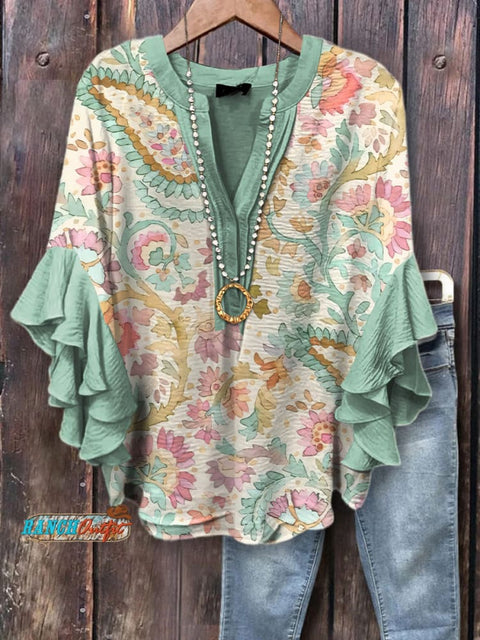 Women's Elegant Bohemian Print Ruffle Sleeve Top